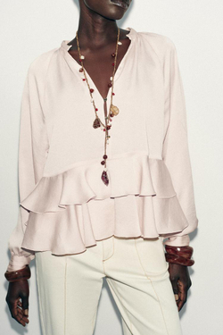 ZARA БЛУЗА С ВОЛАНАМИ, ТЕЛЕСНО-РОЗОВЫЙ