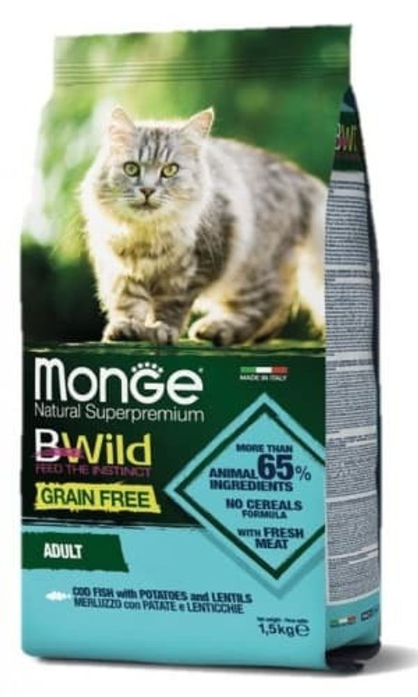 Monge 1,5кг BWild Cat GRAIN FREE беззерновой корм из трески, картофеля и чечевицы для взрослых кошек