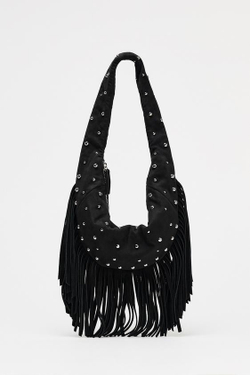 ZARA ОВАЛЬНАЯ СУМКА С ЗАКЛЕПКАМИ И БАХРОМОЙ, ЧЕРНЫЙ