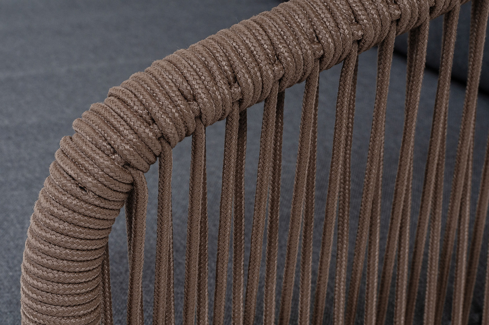 "Канны" диван 3-местный плетеный из роупа, основание дуб, роуп коричневый круглый, ткань темно-серая 027