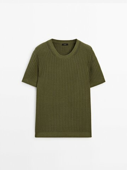 MASSIMO DUTTI Трикотажная футболка из смеси хлопка и льна, хаки