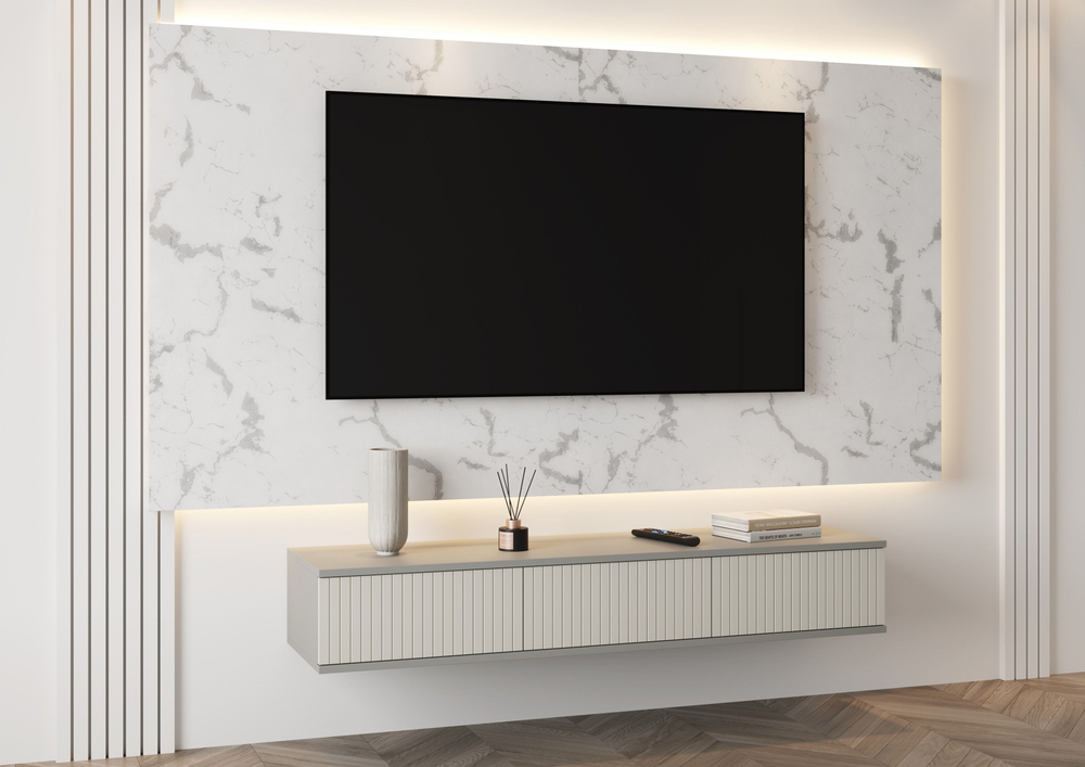 Тумба под телевизор подвесная Шиншилла серая/матовая Кварц Грей Софт 134,6х21,6х34,3 см