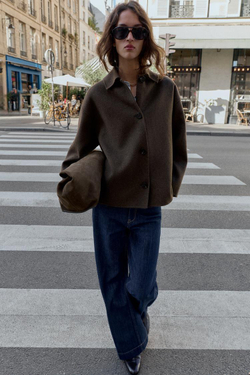 ZARA ПАЛЬТО ИЗ ШЕРСТИ С ВОРОТНИКОМ ИЗ ИСКУССТВЕННОГО МЕХА, ТЕМНЫЙ ХАКИ