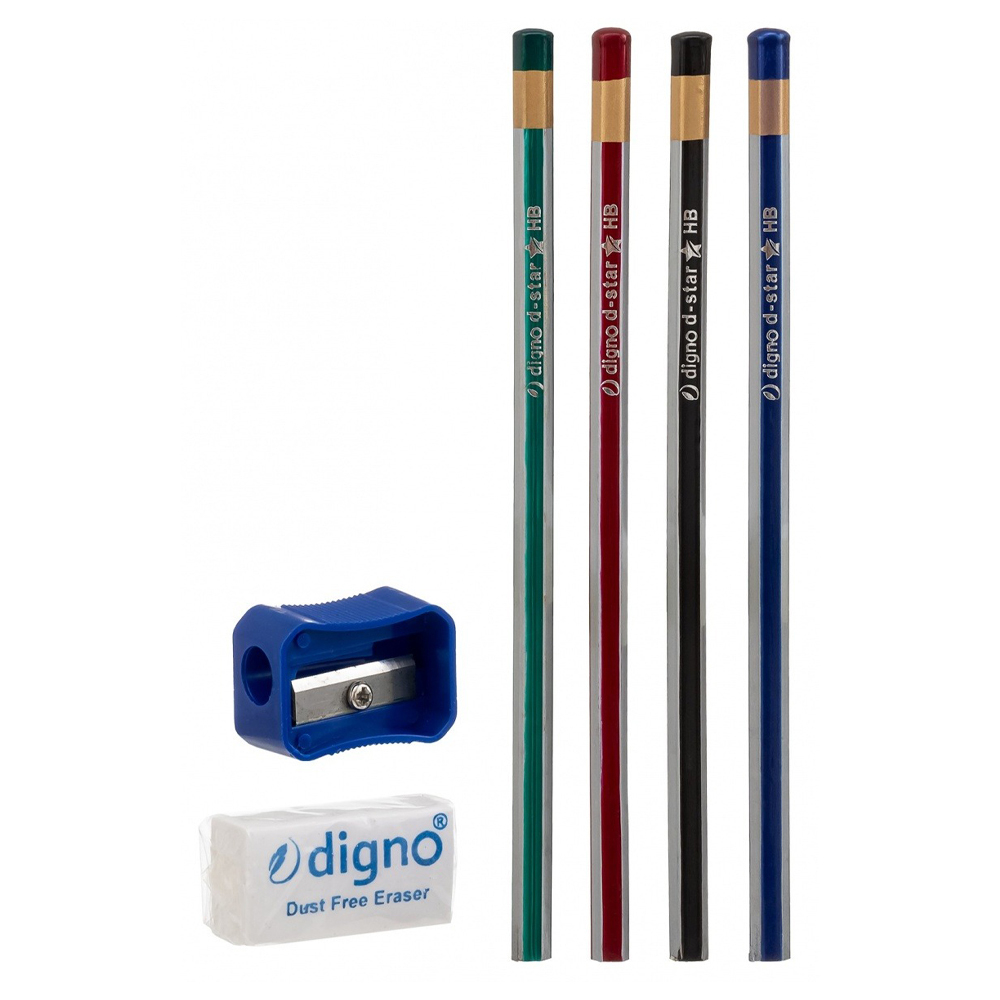 Карандаш простой, чернографитный, DIGNO, с точилкой и ластиком, 12 шт
