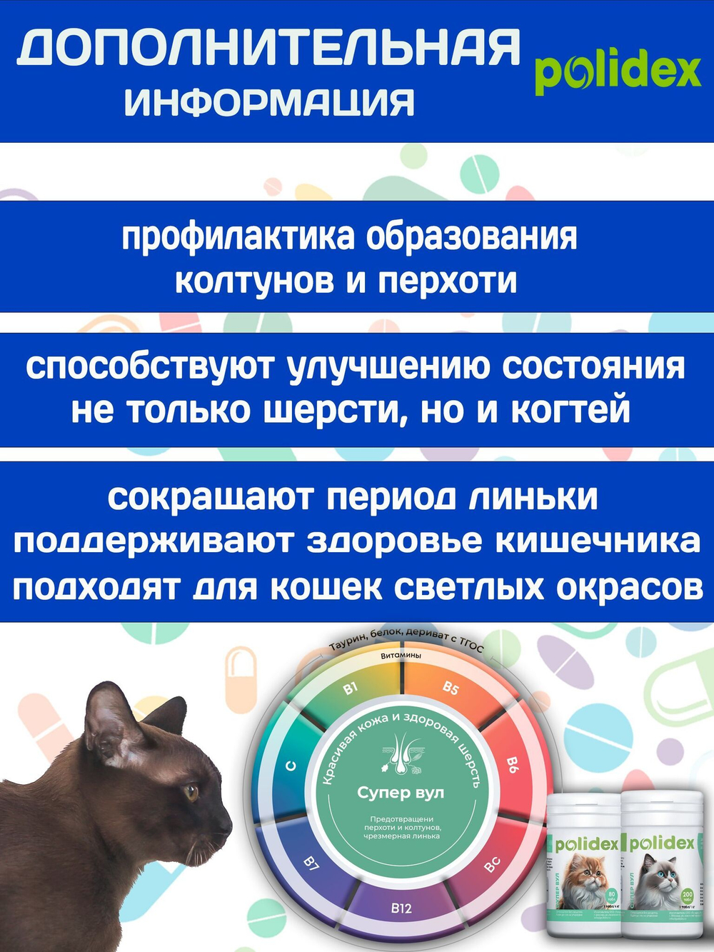 Polidex Super Wool Plus для кошек, Кормовая добавка для улучшения состояния шерсти, кожи, когтей и профилактики дерматитов, полтдекс Супер Вул Плюс, 200таб