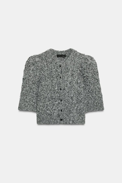 ZARА КАРДИГАН С ОБЪЕМНЫМИ РУКАВАМИ, БЕЛЫЙ/ЧЕРНЫЙ