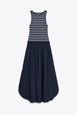 ZARA КОМБИНИРОВАННОЕ ПЛАТЬЕ-МИДИ ИЗ ПОПЛИНА, ТЕМНО-СИНИЙ/ЭКРЮ