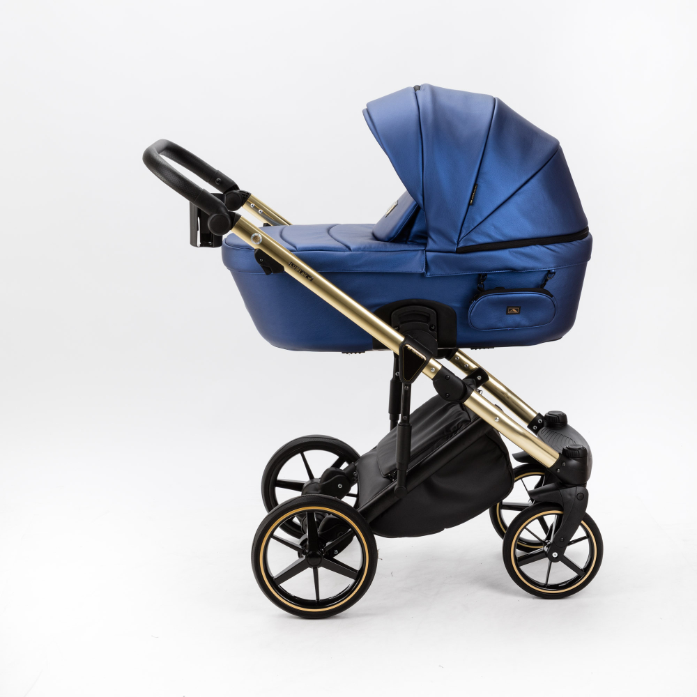 Детская универсальная коляска Adamex LUMI SE Deluxe L-SM503 (2в1) Синяя перламутровая экокожа, золотая рама