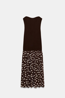 ZARA ПЛАТЬЕ БЕЗ БРЕТЕЛЕК В ГОРОШЕК, КОРИЧНЕВЫЙ