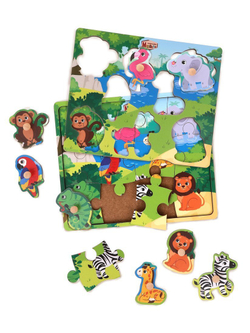Вкладыши Джунгли 2в1 вкладыши и пазлы 8 жителей джунглей 12 деталей пазла