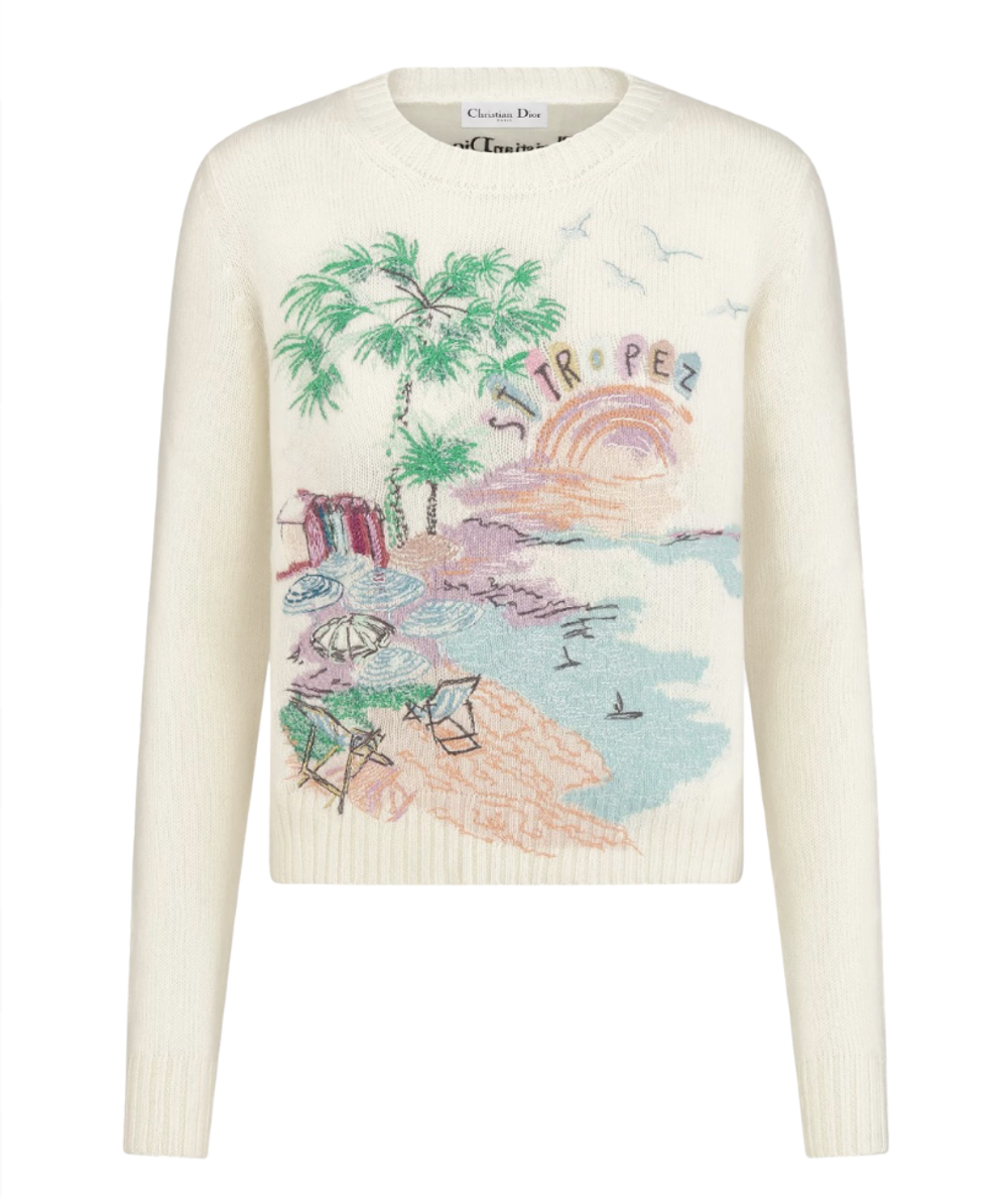 Женский свитер Dior Souvenir Embroidered Sweater из белого кашемира 100% с многоцветной вышивкой «Portofino» — весна‑лето 2025