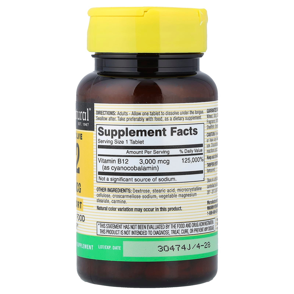 Mason Natural, быстрорастворимый витамин B12, 3000 мкг, 100 таблеток