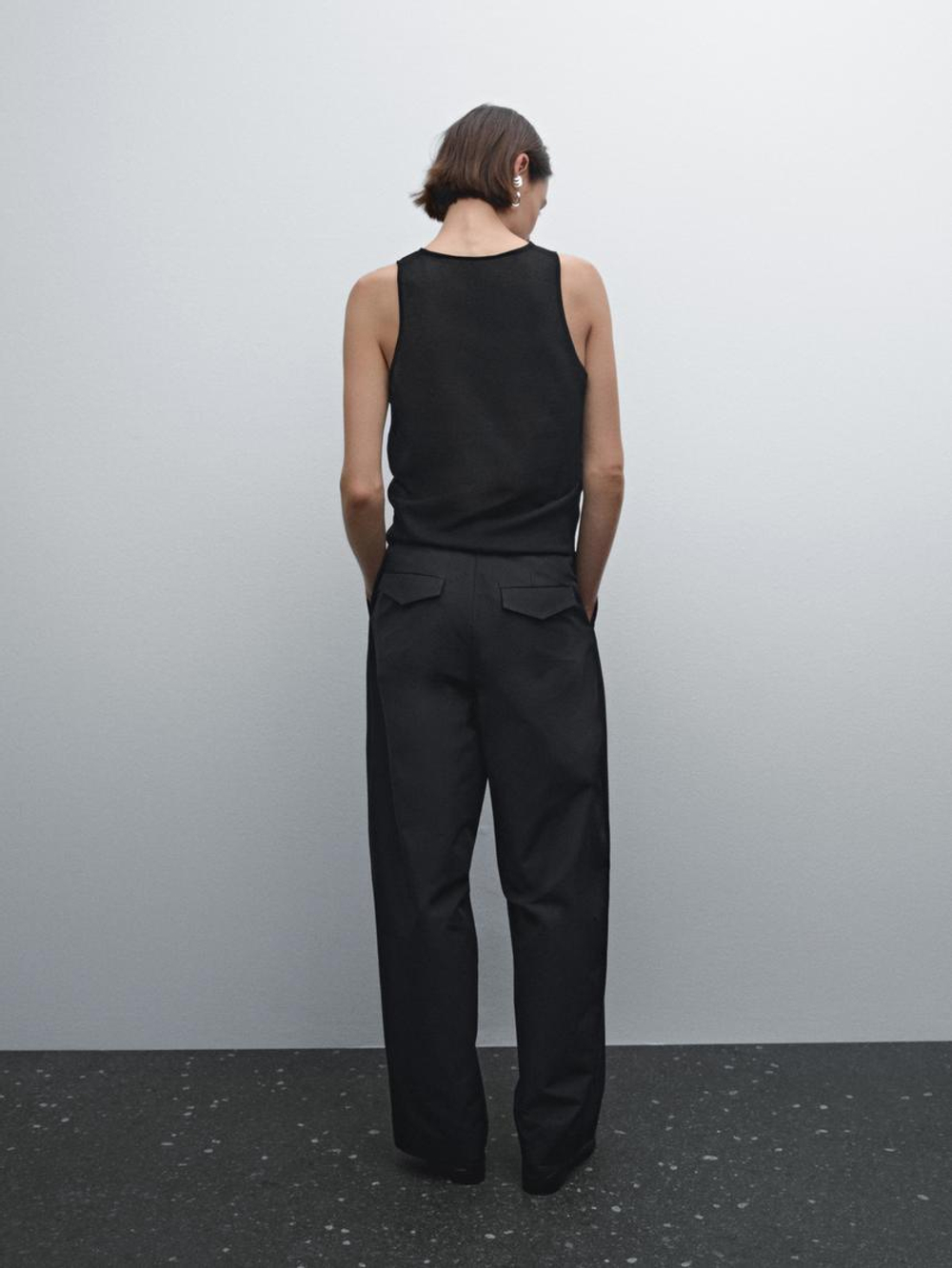 Massimo Dutti Широкие брюки из смесового хлопка со складками, черный