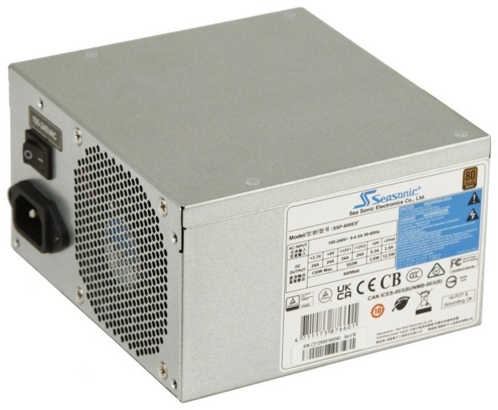 БЛОК ПИТАНИЯ ATX 600W SEASONIC SSP-600ES2, BRONZE, 20+4/24+4+8/24+8+8, 8CM, 2X6P/1X2P PCI-E, OEM