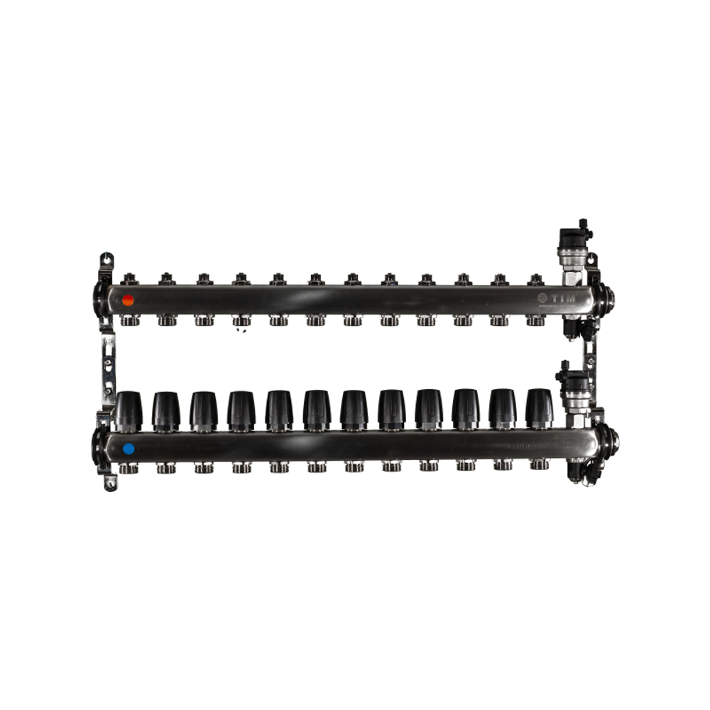 Коллектор из нержавеющей стали для отопления без расходомеров TIM 1" - 3/4" Евроконус - 12 выходов