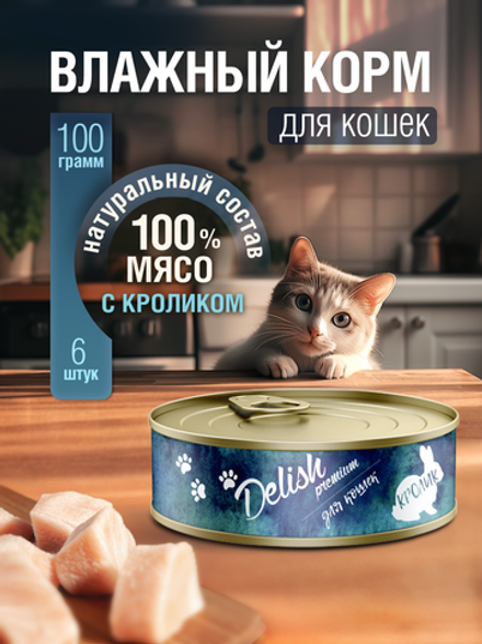 НАБОР Консервы DELISH Premium для кошек с мясом кролика - 6 шт х 100 гр