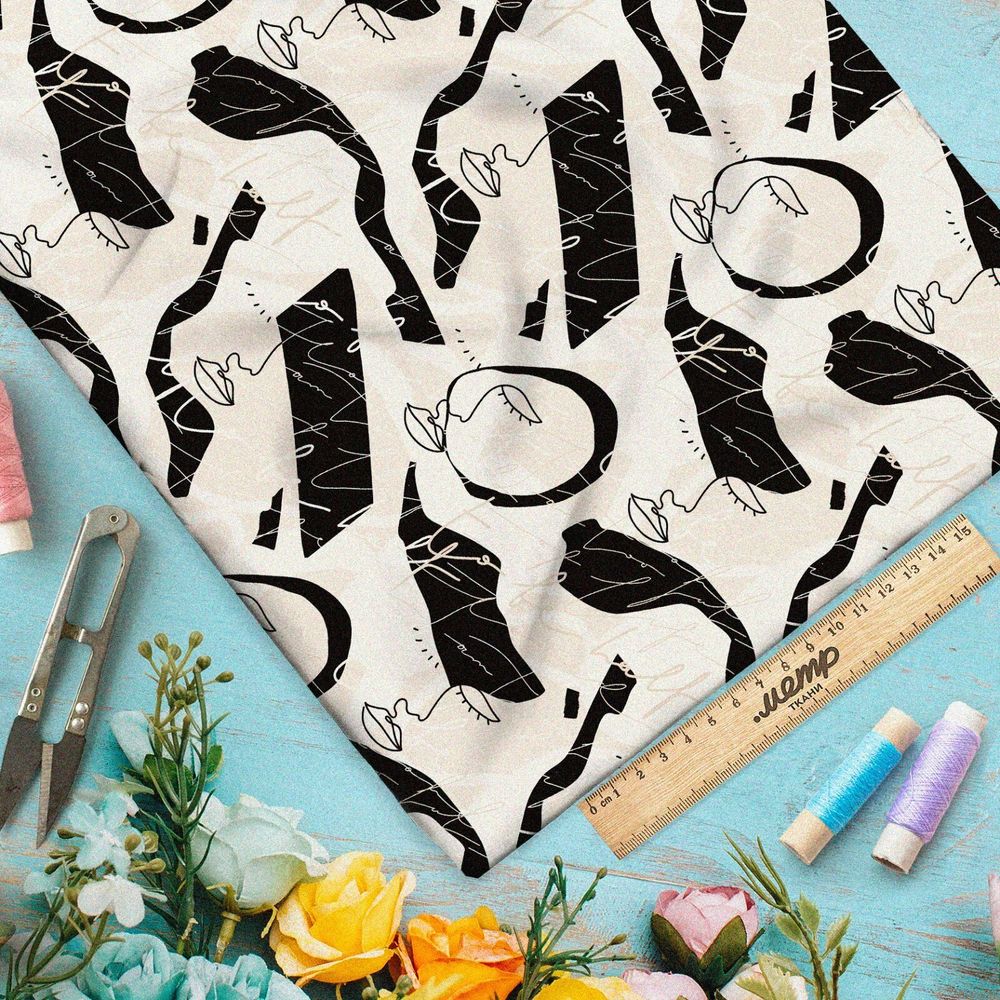 Ткань флис чёрно-белая минимализм лица