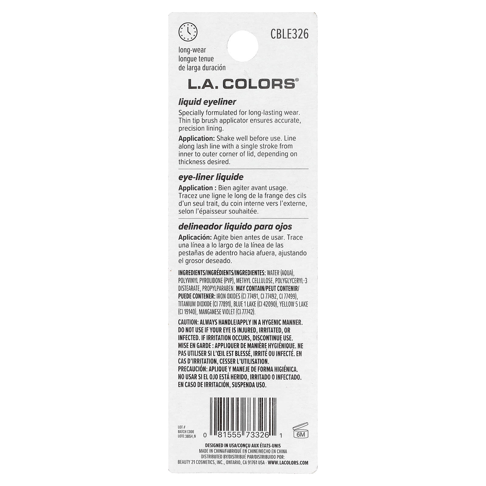 L.A. Colors, жидкая подводка для глаз, CBLE326, черный, 6,5 мл (0,22 жидк. унции)