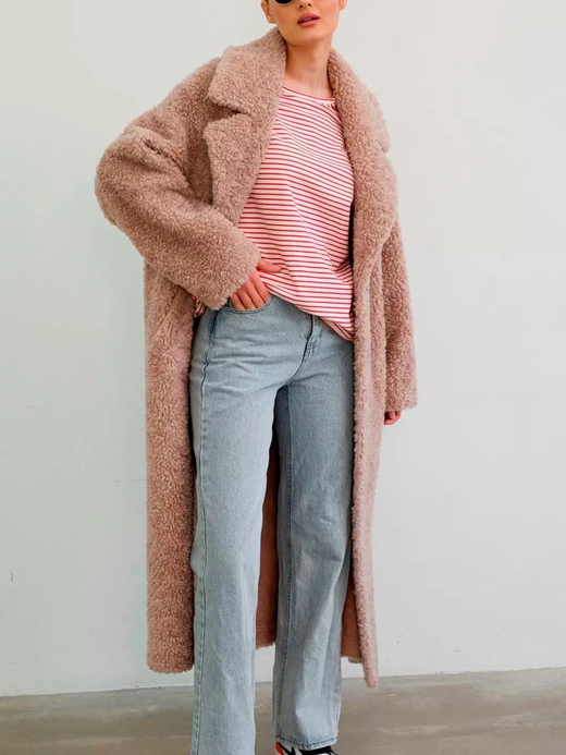 Шуба чебурашка длинная из овечьей шерсти, розовая-пудра, SilverFox