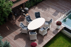 Комплекты садовой мебели из искусственного ротанга : обеденный стол ЛУГАНО ( 2.2Х 1.14 м) + 6 кресел БЕРГАМО(цвет серый)