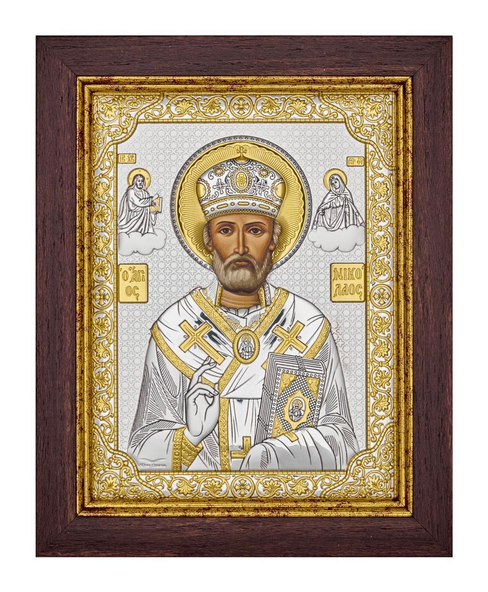 Николай Чудотворец, икона прямоугольная в рамке под стеклом, красное дерево 206х258