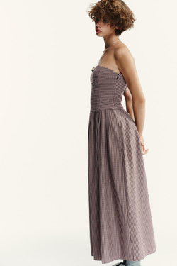 ZARA ПЛАТЬЕ МИДИ БЕЗ БРЕТЕЛЕЙ В КЛЕТКУ ВИШИ, ТЕМНО-РОЗОВЫЙ