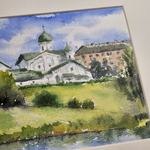 Картина авторская акварельная в паспарту 21х30 см на стену для интерьера "Богоявленская церковь Пскова"