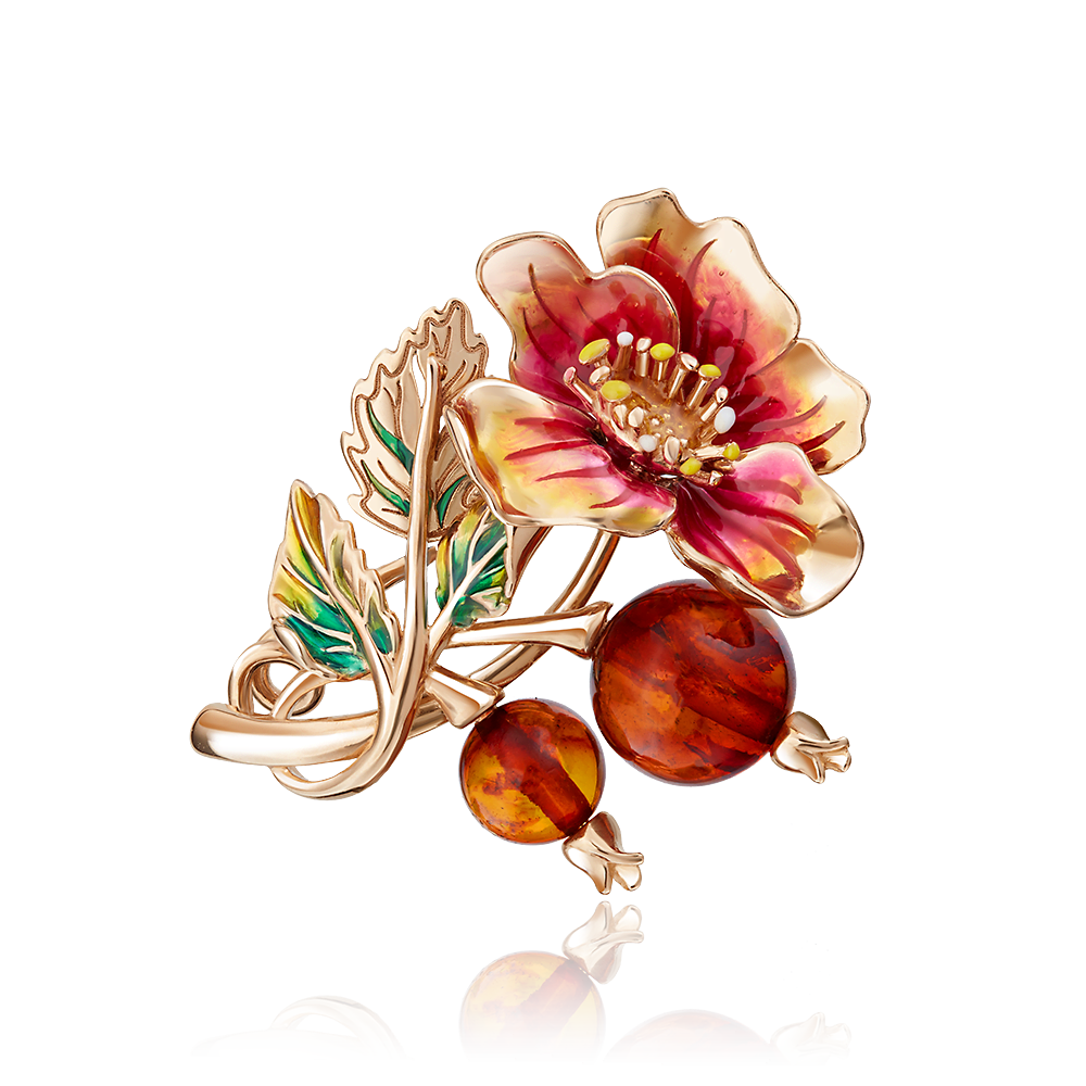 Брошь «Шиповник» из красного золота с янтарём и эмалью