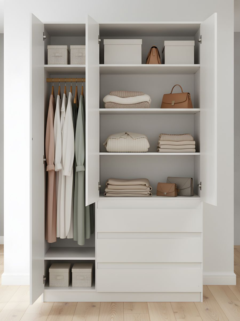 Шкаф 120х50х220, Марм, распашной для одежды, 3 двери 3 ящика, со штангой и полками, в прихожую, белый, Dipriz