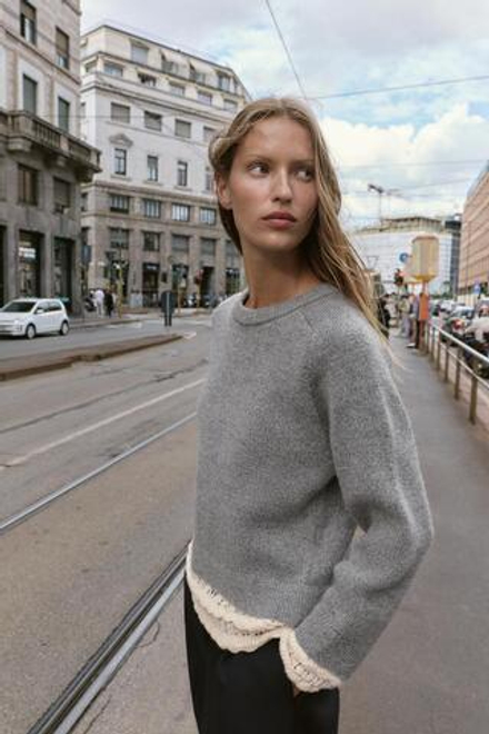 ZARA ДЖЕМПЕР ИЗ КОМБИНИРОВАННОГО ТРИКОТАЖА, СЕРЫЙ МЕЛАНЖ