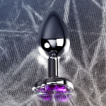 Серебристая коническая анальная пробка 7см с фиолетовым кристаллом-сердечком ToyFa Metal 717013-4