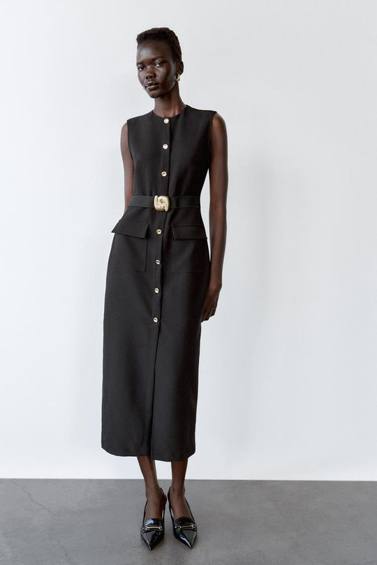 ZARA ПЛАТЬЕ МИДИ ИЗ КРЕПА С ПОЯСОМ, ЧЕРНЫЙ