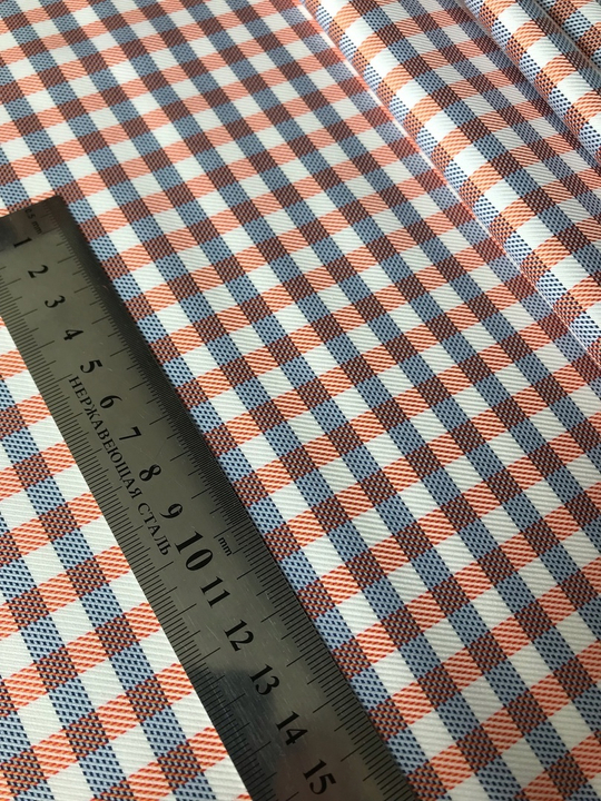 Коттон сорочка, принт клетка синий, оранжевый на белом, хлопок