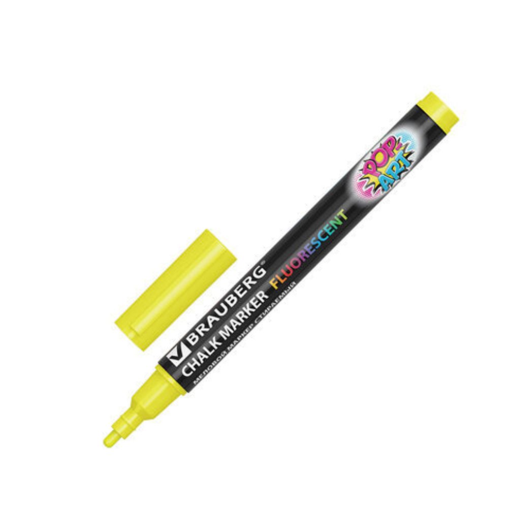 Маркер меловой "POP-ART" ЖЕЛТЫЙ, 3,5 мм, сухостираемый, для гладких поверхностей, BRAUBERG, 151520
