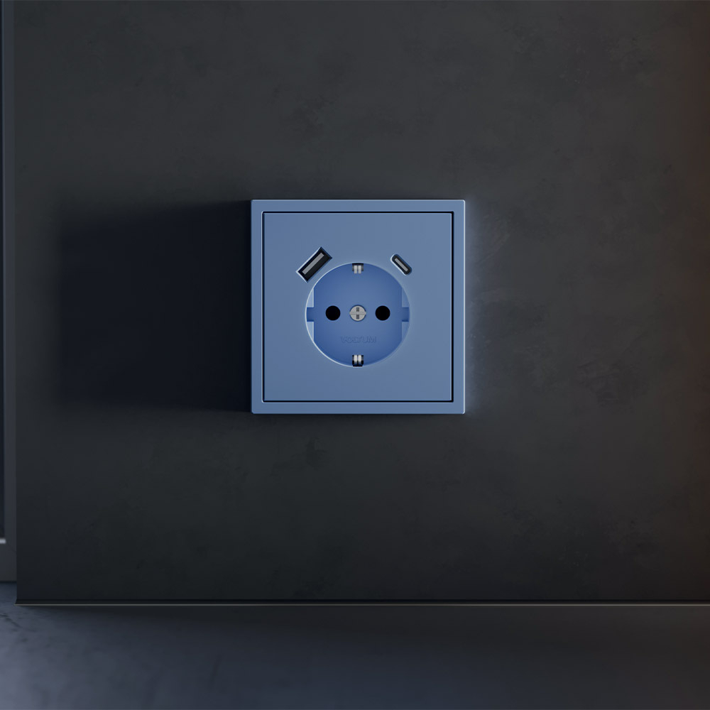 Накладка для розетки с заземлением и защитными шторками, с USB A+C, (деним) Voltum S70 VLS001015
