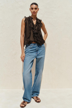 ZARA ПОЛУПРОЗРАЧНЫЙ ТОП С ВОЛАНАМИ, КОРИЧНЕВЫЙ