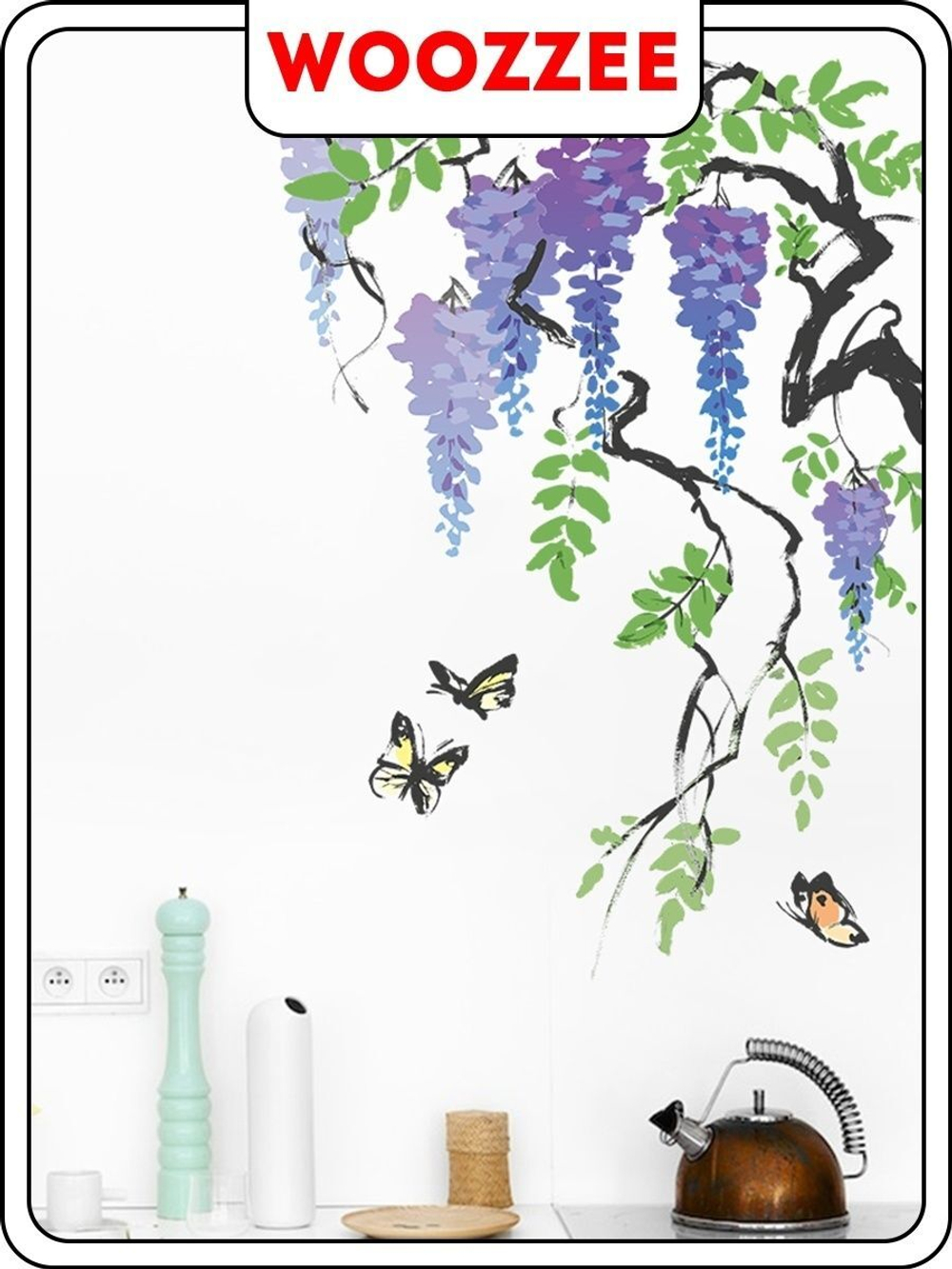 Наклейка декоративная "Цветущие глицинии и бабочки"