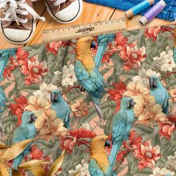 Ткань премиум интерлок попугаи в листве