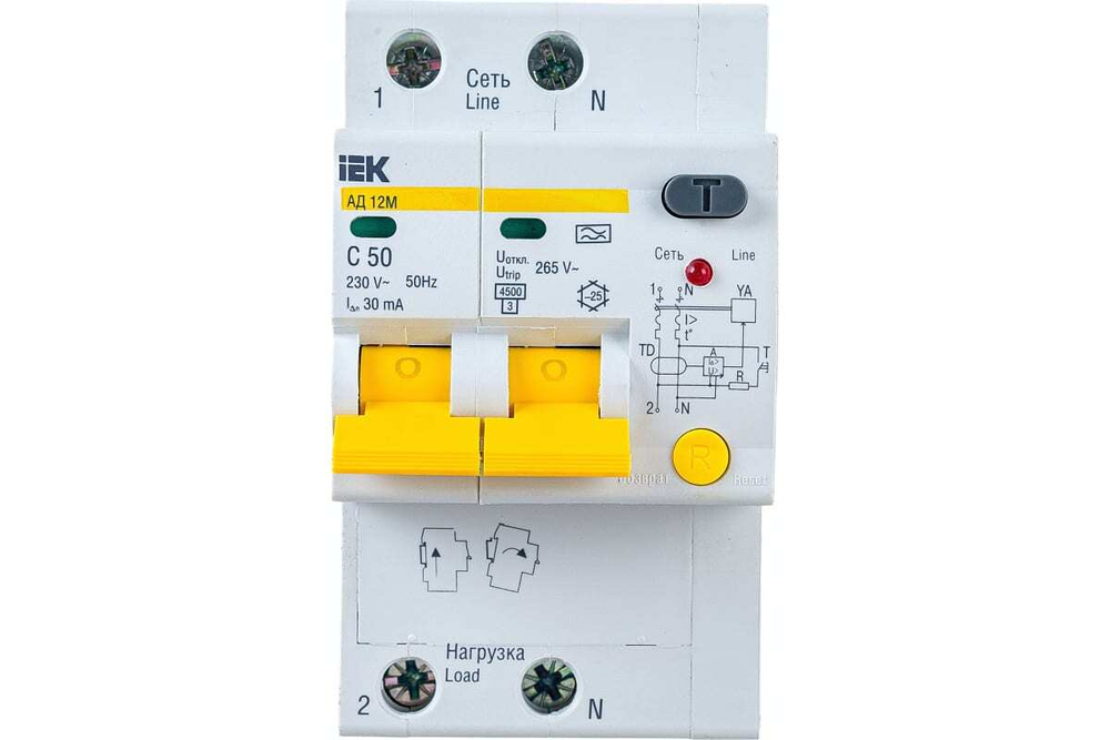 Дифференциальный автоматический выключатель АД12М 2Р С50 30мА IEK