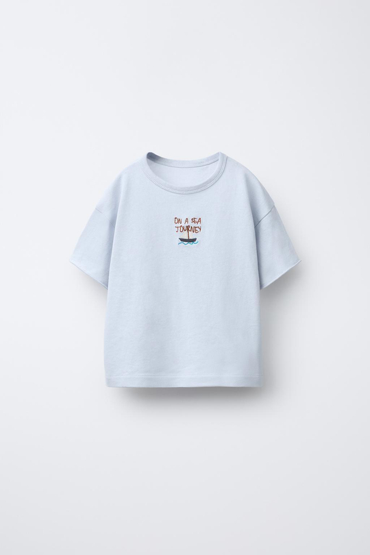 ZARA ФУТБОЛКА С ВЫШИВКОЙ, НЕБЕСНО-ГОЛУБОЙ