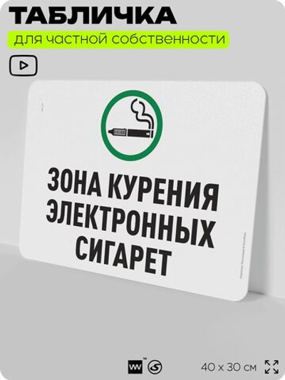 Табличка для частной территории "Зона курения электронных сигарет", на дом, для участка, организаций и частных территорий, предупреждающая, 40х30 см, Silver Plane x Айдентика Технолоджи