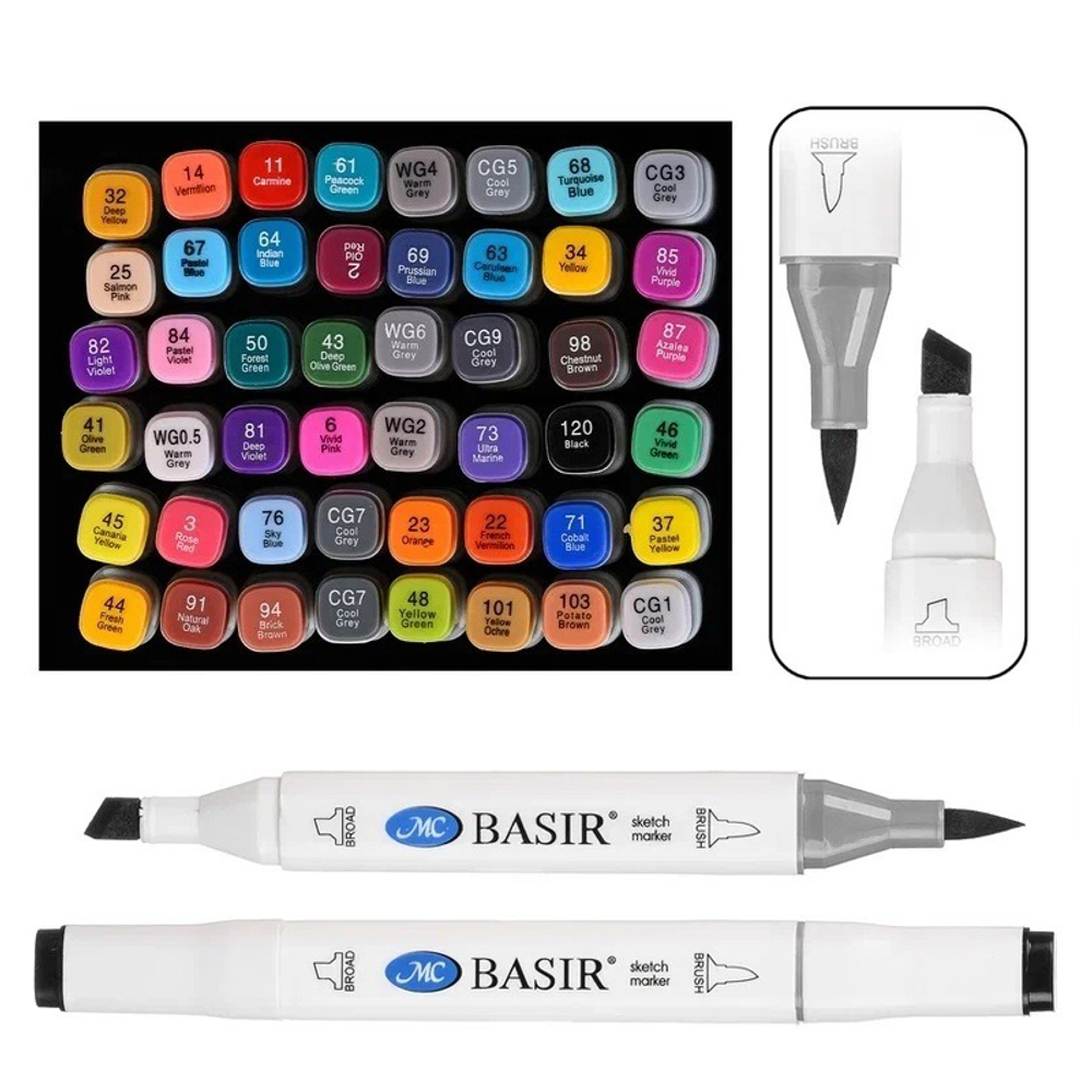 Маркер для скетчинга, двусторонние, Basir, четырехгранные, 14 мм, спиртовые, 48 шт