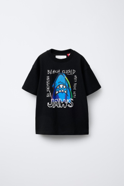 ZARA ФУТБОЛКА С ПРИНТОМ JAWS © 50TH ANNIVERSARY, ЧЕРНЫЙ