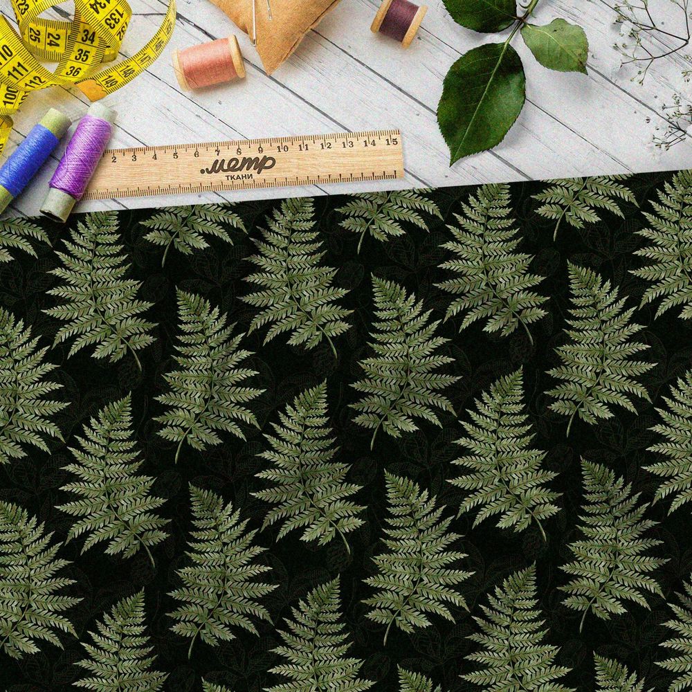 Ткань шифон реалистичный папоротник на чёрном фоне
