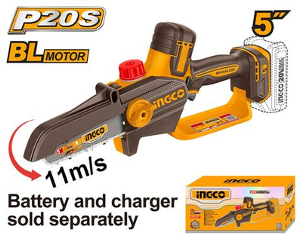 Аккумуляторная цепная мини пила INGCO CGSLI2056 INDUSTRIAL 20 В 5"
