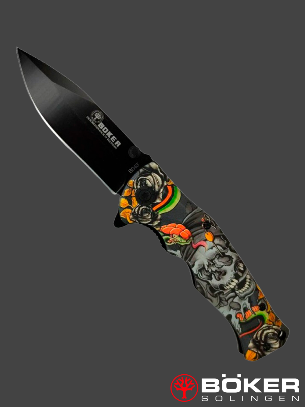 Нож складной BOKER (реплика) B048. С черепом и змеёй