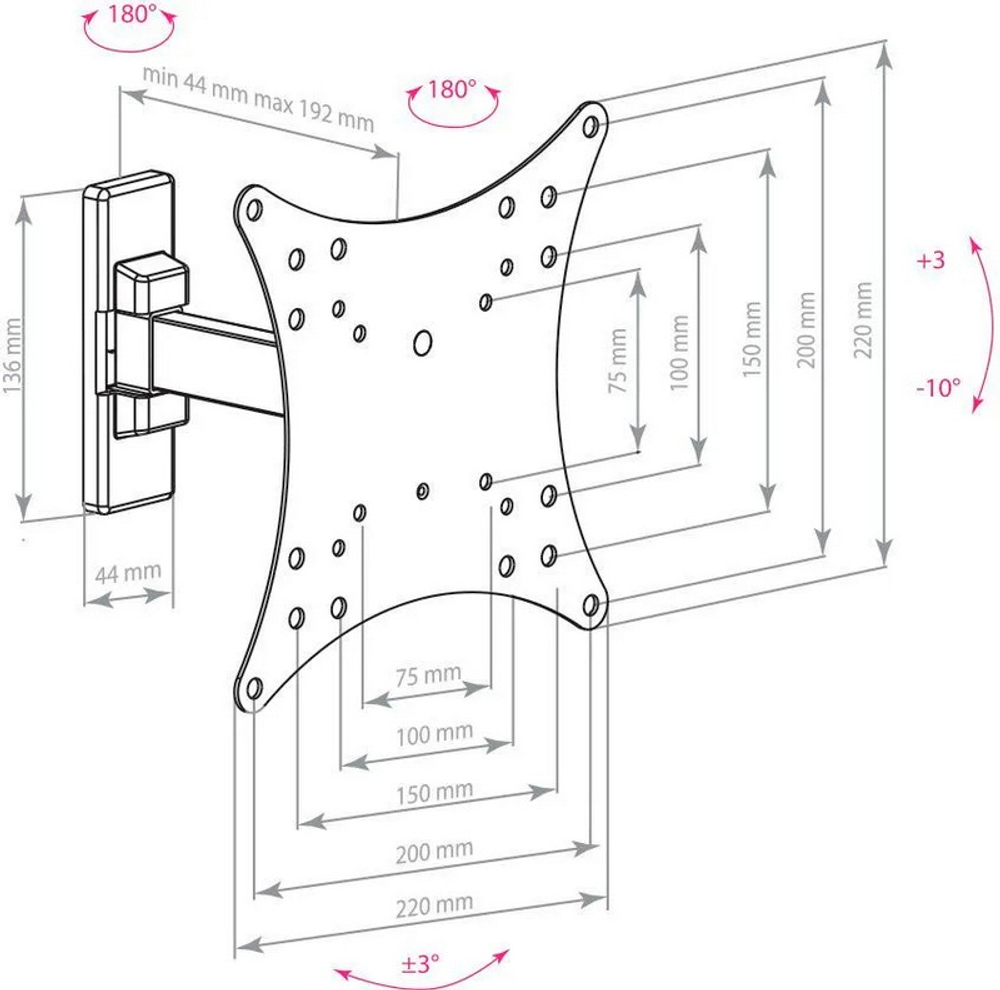 Кронштейн ARM MEDIA MARS-3, 20-43" 20 кг., накл. 10°, пов. 180°, 200х200, черный