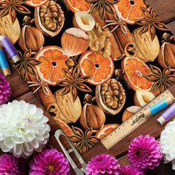 Ткань шелк Армани апельсины, корица и орехи на чёрном фоне