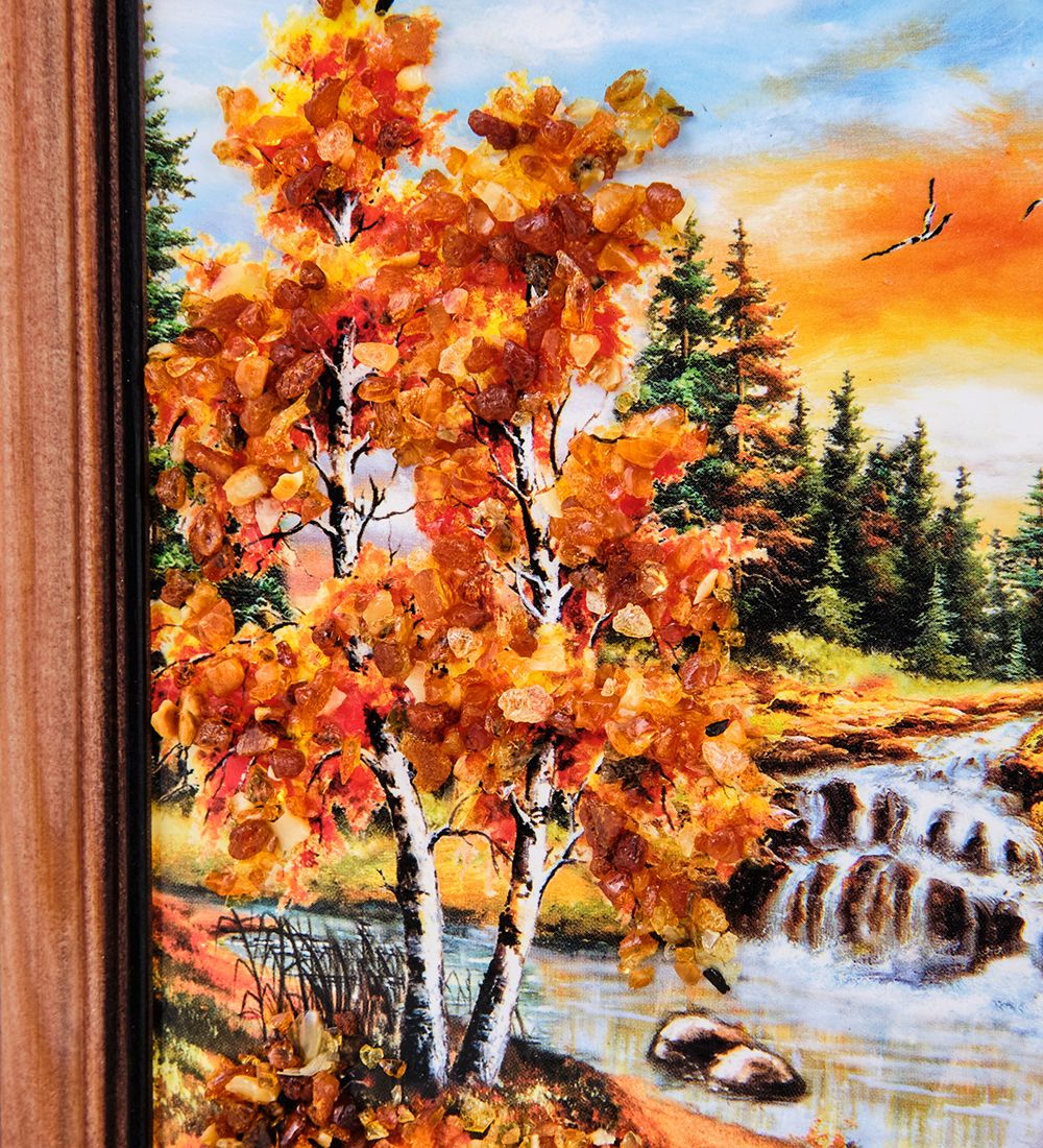 AMB-74/21 Картина «Каскад на реке» (с янтарной крошкой) дер.краш.рамка 12х15