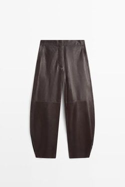 Massimo Dutti Кожаные брюки бочкообразной формы, коричневый